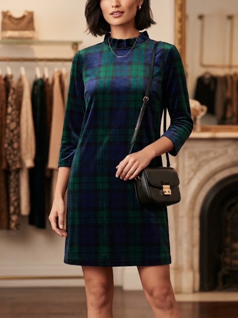 Talbots EFFORTLESS VELVET A-LINE DRESS - BLACK WATCH PLAID 6 Petite